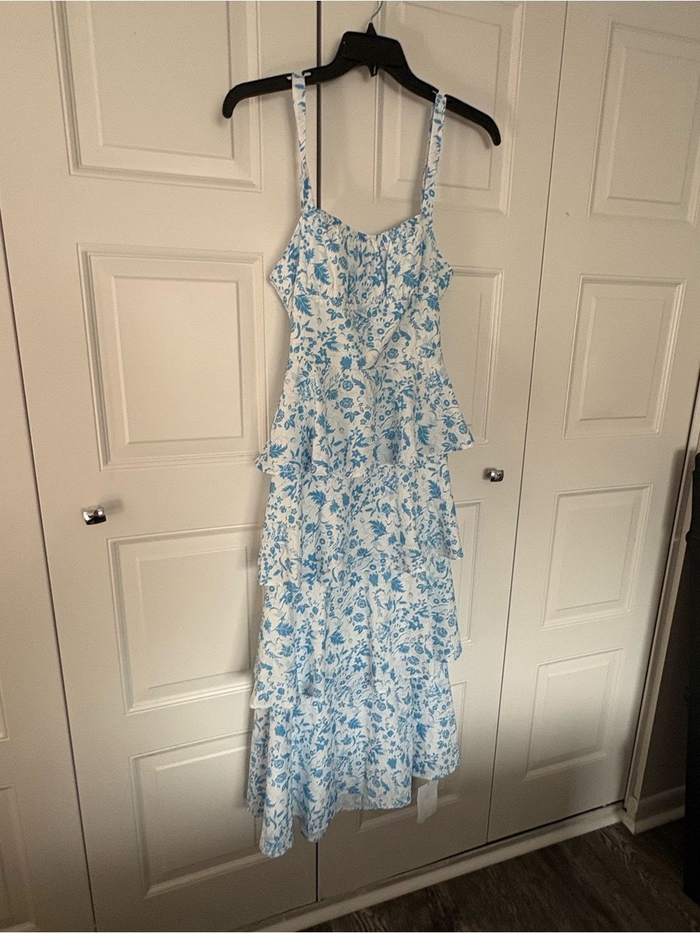 Blue Floral Tiered Maxi Dress with Spaghetti Straps by